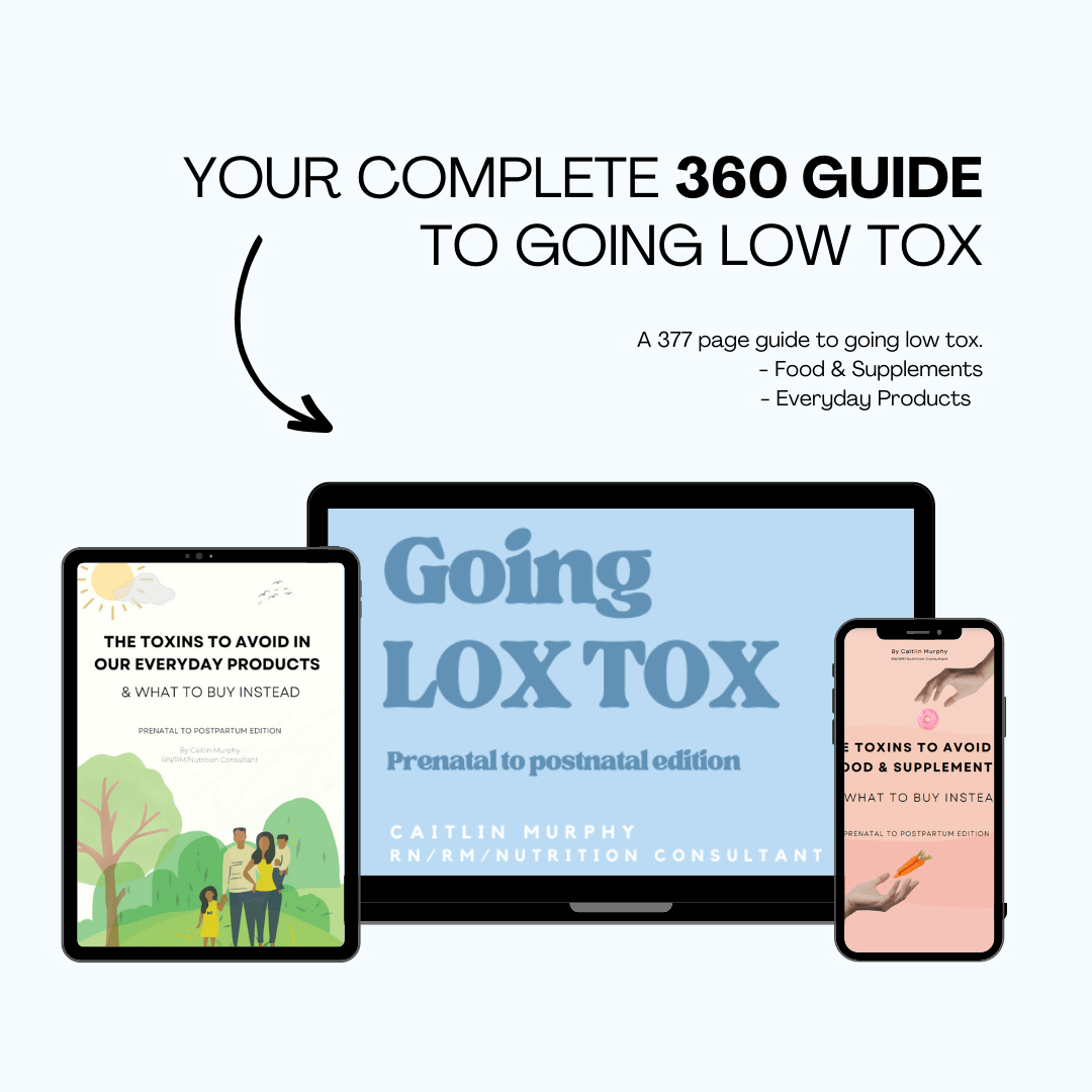 Graphic showing three product mock-ups and text promoting the Low Tox Guide. Left panel: “Your Complete 360 Guide to Going Low Tox” with a laptop, tablet, and phone displaying guide covers. Middle panel: “57 of the Most Harmful Toxins Discussed” with a tablet showing a toxin list. Right panel: bullet list of toxins such as phthalates, parabens, BPA/BPS, teflon, fragrance, and VOCs.