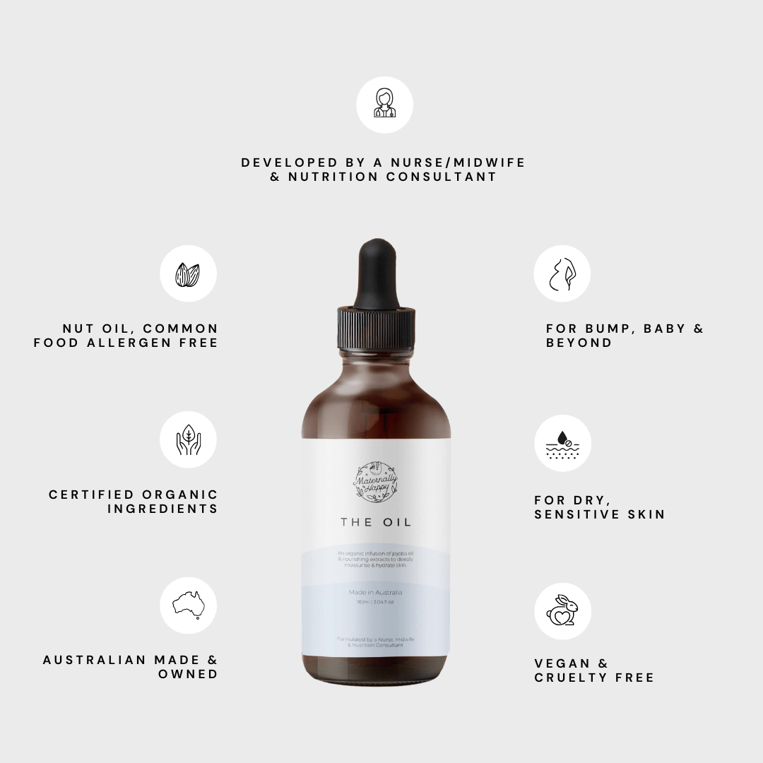 The Oil – vegan, cruelty free, nut oil free, certified organic ingredients – safe for bump, baby and sensitive skin
