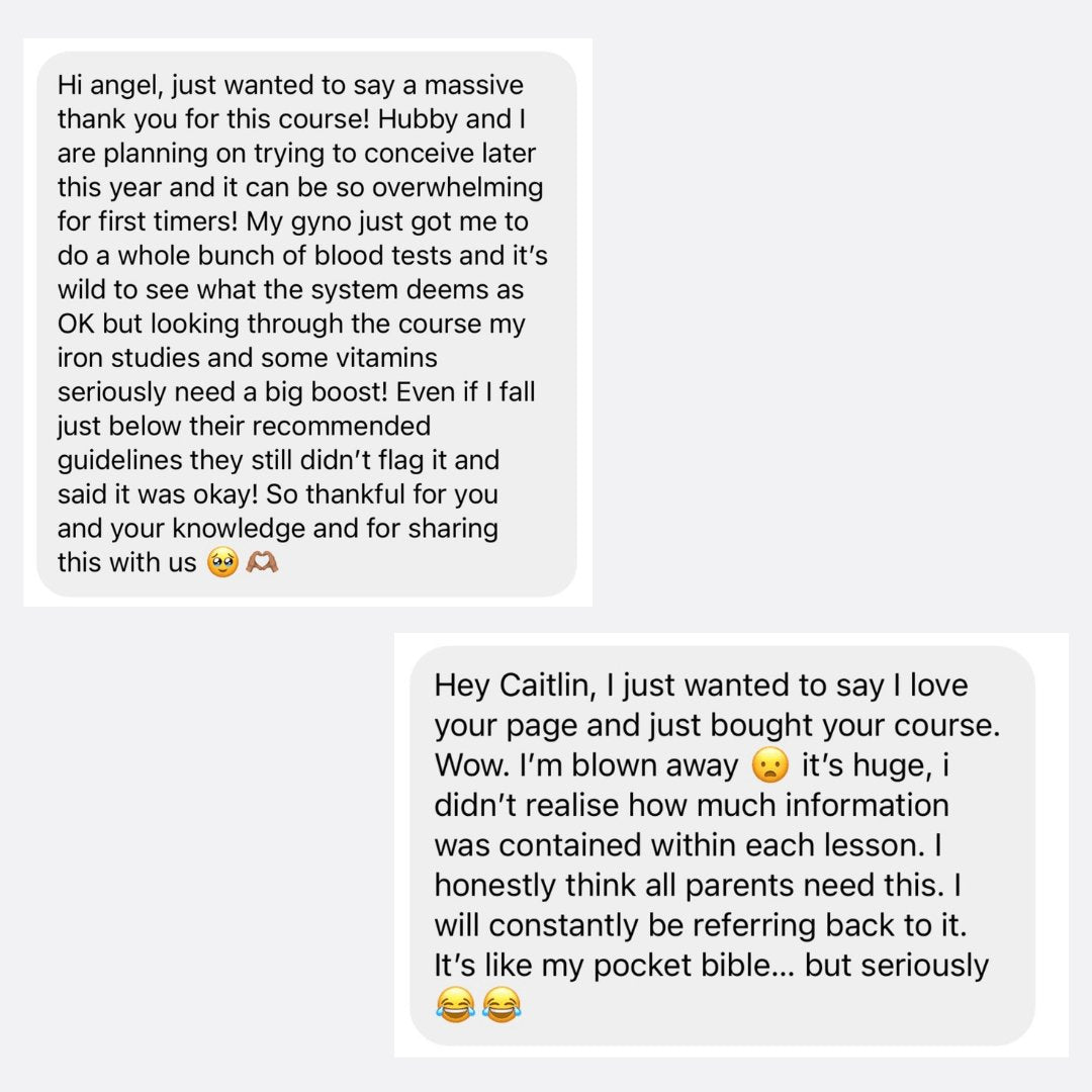 Customer reviews for Preconception to Motherhood online course by Maternally Happy – feedback praising detailed fertility and pregnancy preparation content, blood test guidance, and supplement recommendations