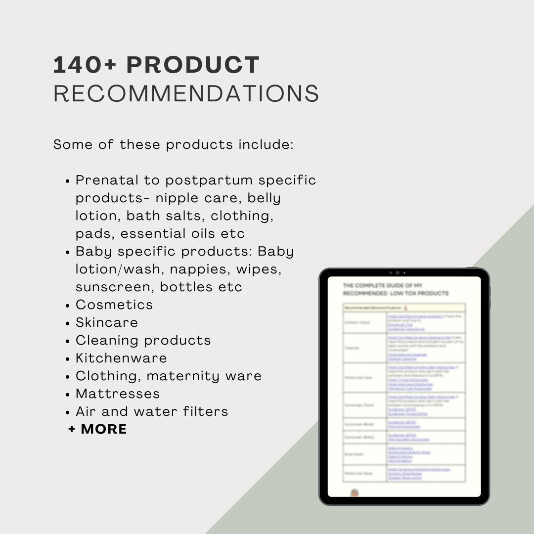 40+ Everyday Product Recommendations – Prenatal to Postpartum Edition” by Caitlin Murphy, RN/RM/Nutrition Consultant, displayed on a tablet with natural wellness items in the background, alongside a section listing product categories such as prenatal care, baby products, cosmetics, skincare, cleaning supplies, kitchenware, clothing, mattresses, and water filters