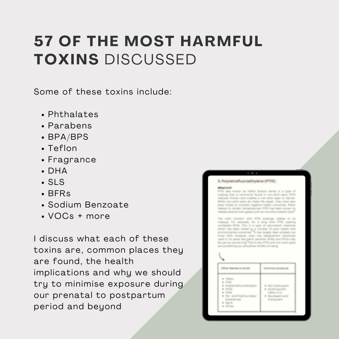 Graphic highlighting “57 of the Most Harmful Toxins” including phthalates, parabens, BPA/BPS, Teflon, fragrance, DHA, SLS, BFRs, sodium benzoate, and VOCs, with a tablet showing a toxin information page.