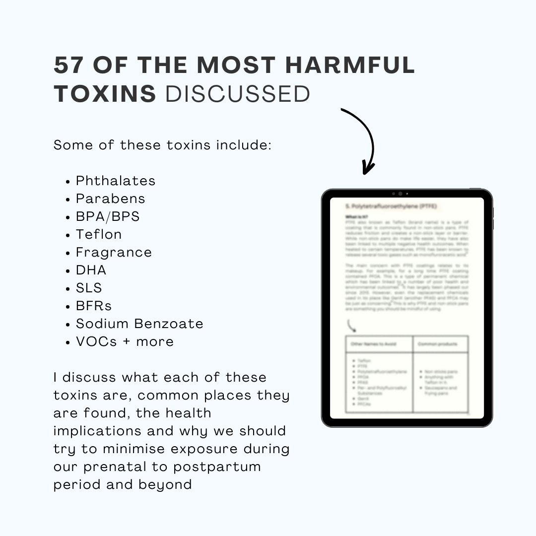57 of the Most Harmful Toxins Discussed” with a bullet list naming toxins such as phthalates, parabens, BPA/BPS, Teflon, fragrance, DHA, SLS, BFRs, sodium benzoate, and VOCs. On the right, a tablet mock-up displays a page from the guide, showing an example toxin profile with descriptions, other names to avoid, and common product sources.