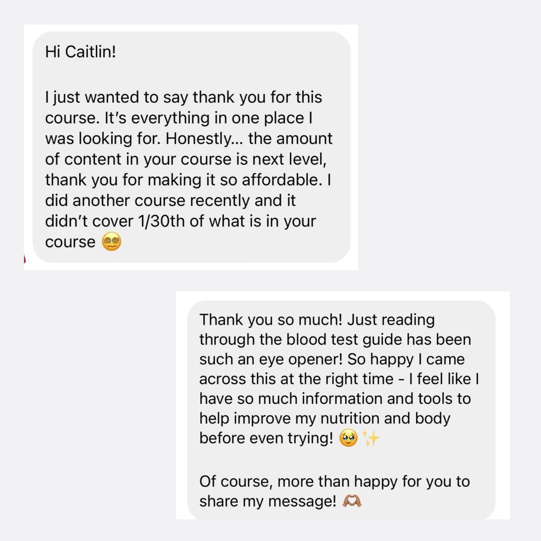 Positive customer testimonials for Preconception to Motherhood course – students highlight value, affordability, and comprehensive pregnancy preparation including nutrition, supplements, and blood work education