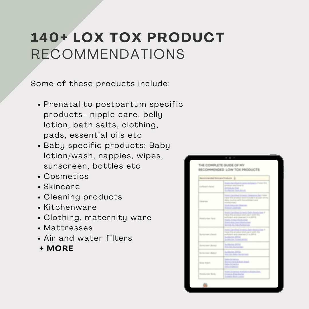 Graphic promoting “140+ Low Tox Product Recommendations” including prenatal and baby care, skincare, cleaning products, kitchenware, clothing, mattresses, and filters, with a tablet showing product list.