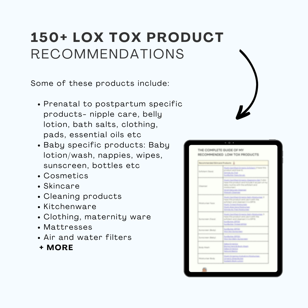 Graphic with text “150+ Low Tox Product Recommendations” and a tablet mock-up showing a list of products, alongside bullet points listing prenatal to postpartum products, baby care, skincare, cosmetics, cleaning items, kitchenware, clothing, mattresses, and air/water filters.