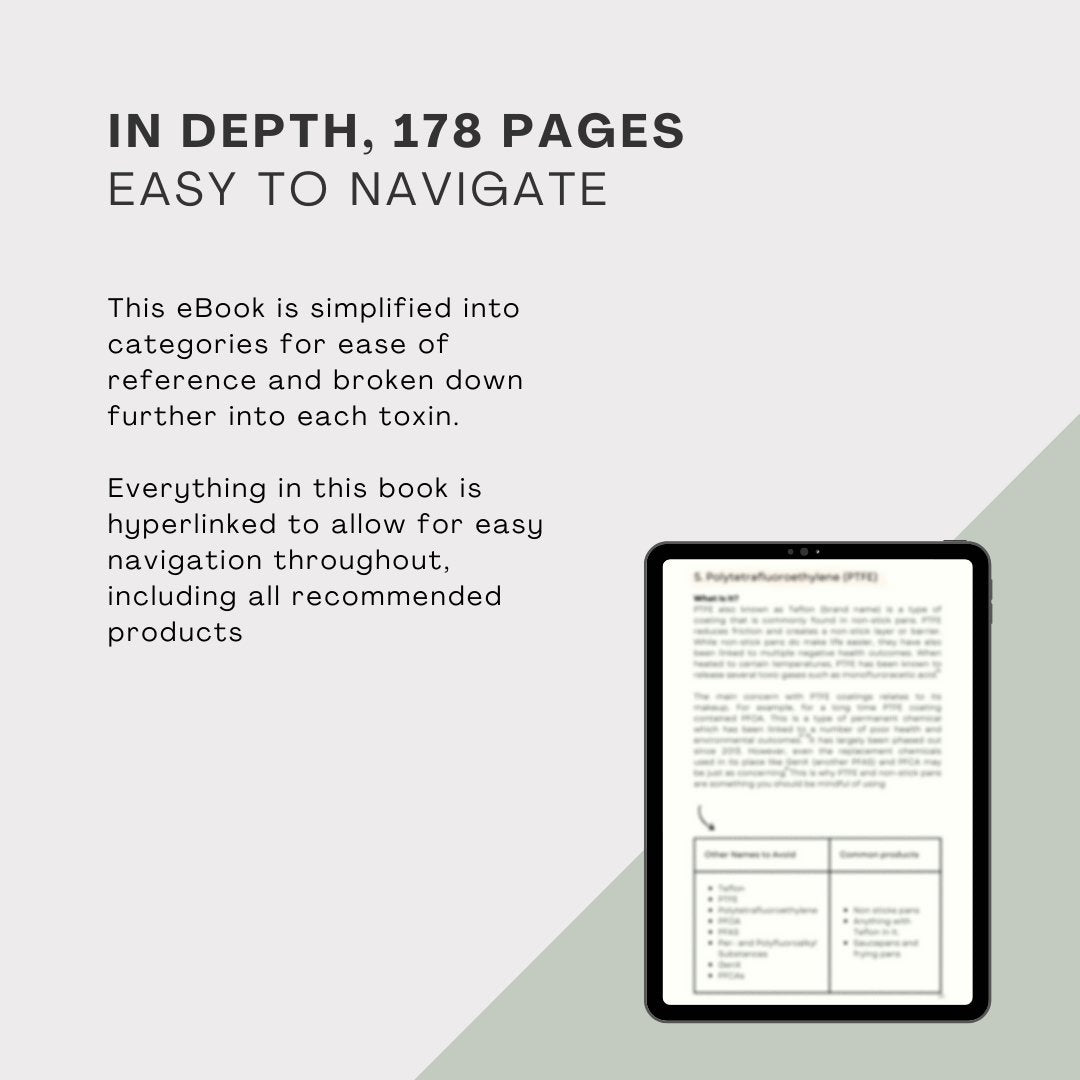 Graphic titled “In Depth, 178 Pages Easy to Navigate” describing hyperlinked, category-based toxin guide, with a tablet showing example toxin details.