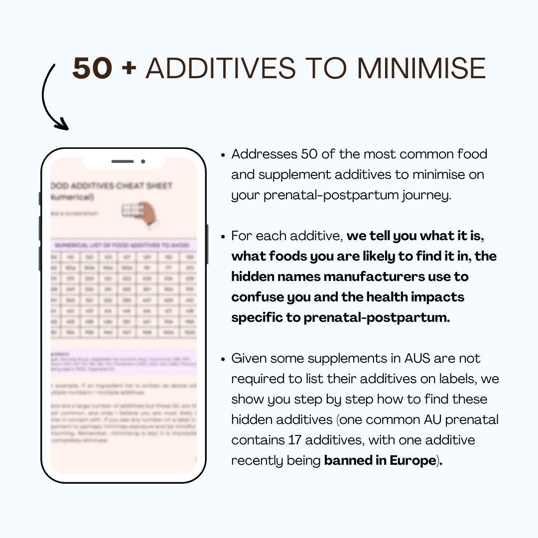 Graphic with text “50+ Additives to Minimise” and a smartphone mock-up showing an additives cheat sheet. Includes bullet points explaining how to identify hidden additives in food and supplements, with specific examples relevant to prenatal and postpartum health