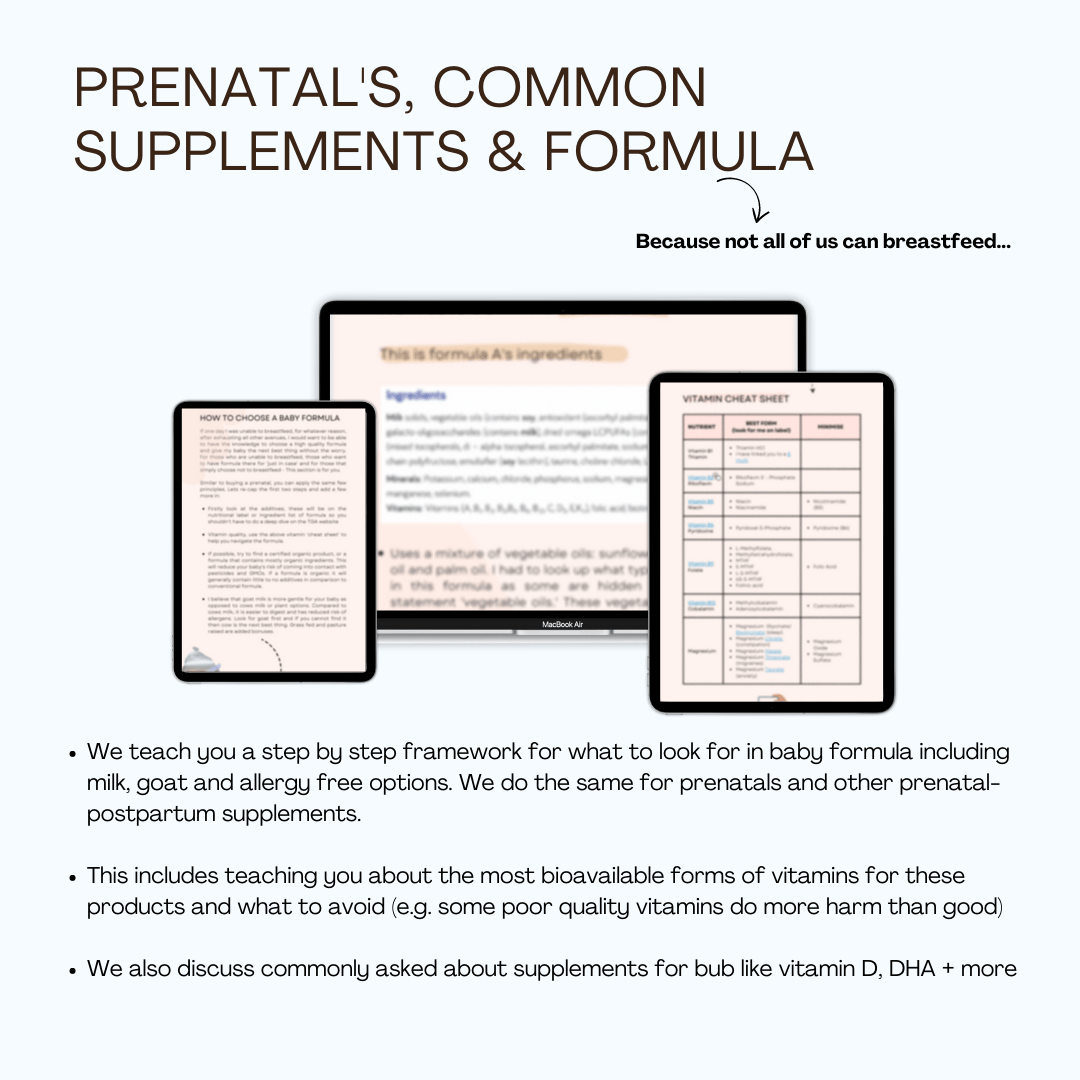 Prenatal’s, Common Supplements & Formula” with three devices showing supplement and formula ingredient guides. Includes bullet points on identifying bioavailable vitamins, safe formula options, and recommended supplements for vitamin D and DHA.