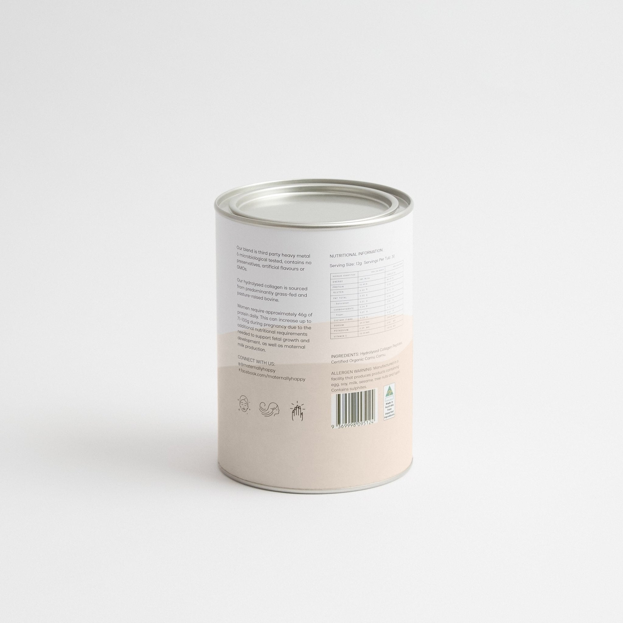 Back label of unflavoured hydrolysed collagen powder tin – ingredient list and nutrition panel