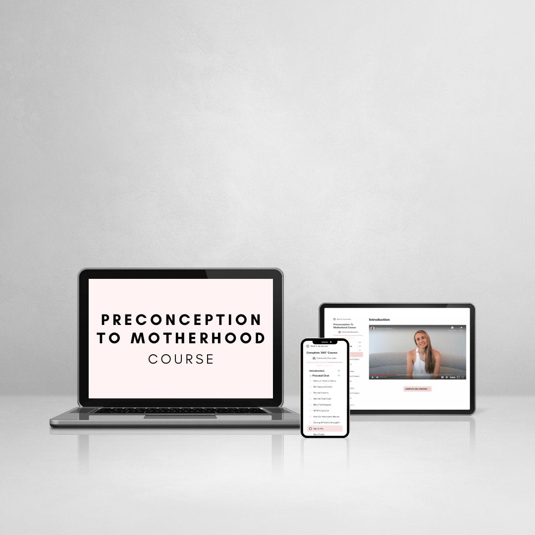 Preconception to Motherhood online course – fertility, pregnancy preparation and nutrition program by Maternally Happy – digital course preview on laptop, tablet and mobile