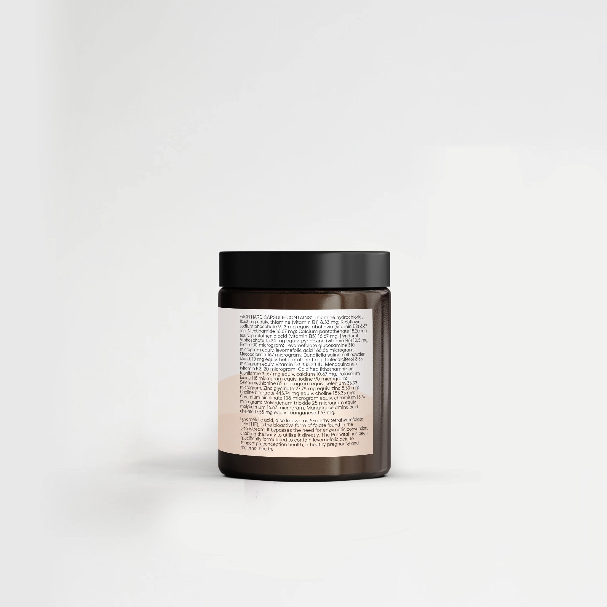 Back label of The Prenatal supplement jar showing nutrition information, dosage, and ingredient list