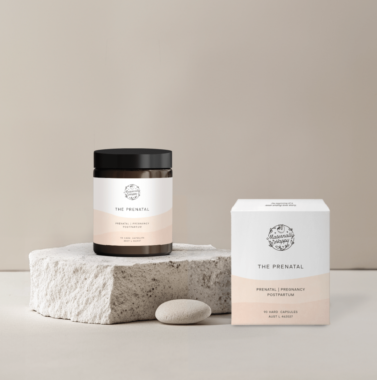 Prenatal supplement Australia – The Prenatal vitamin jar and box on stone background for maternal health