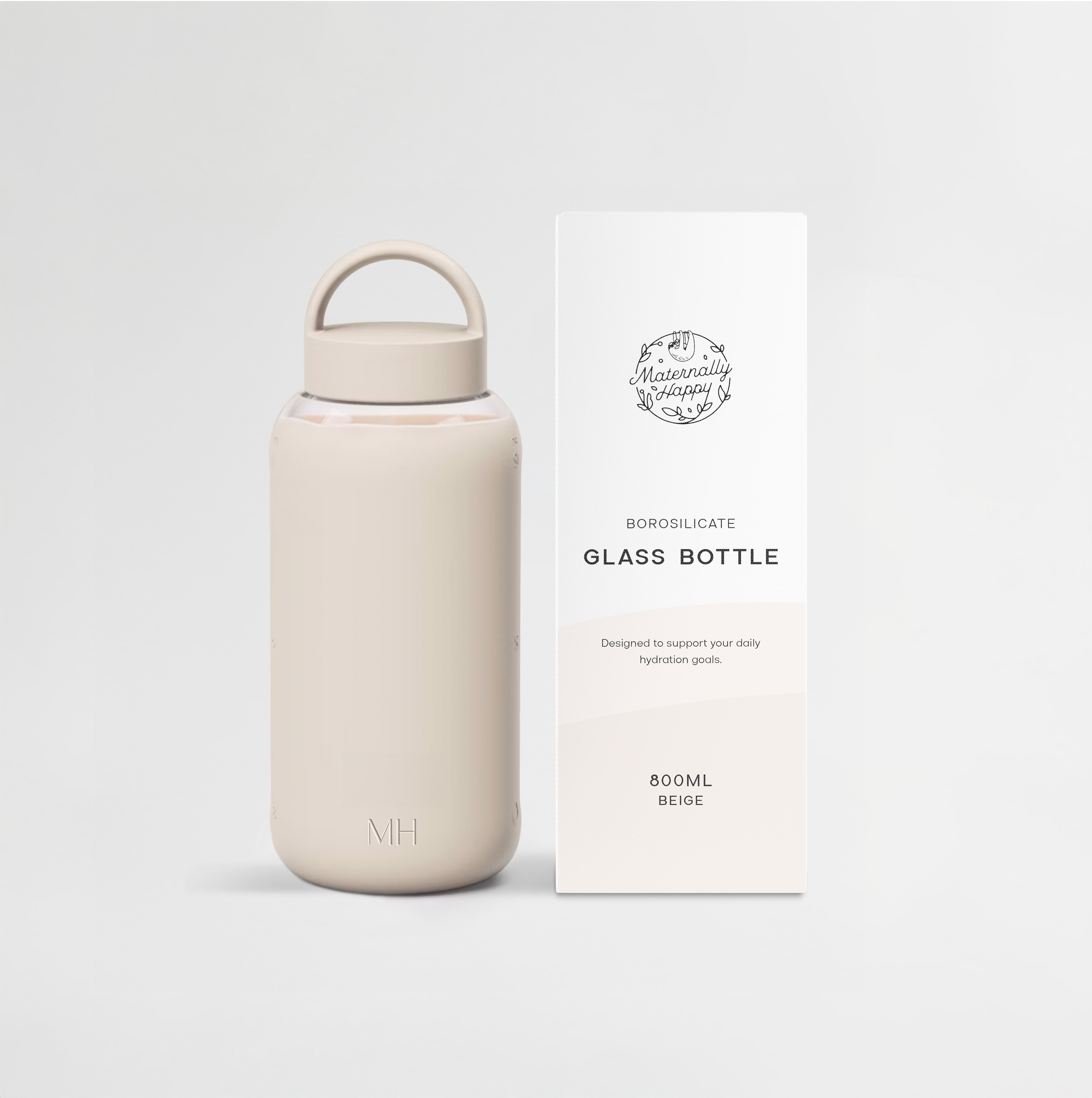 800ml borosilicate glass hydration bottle with beige silicone sleeve and handle, shown with Maternally Happy packaging.