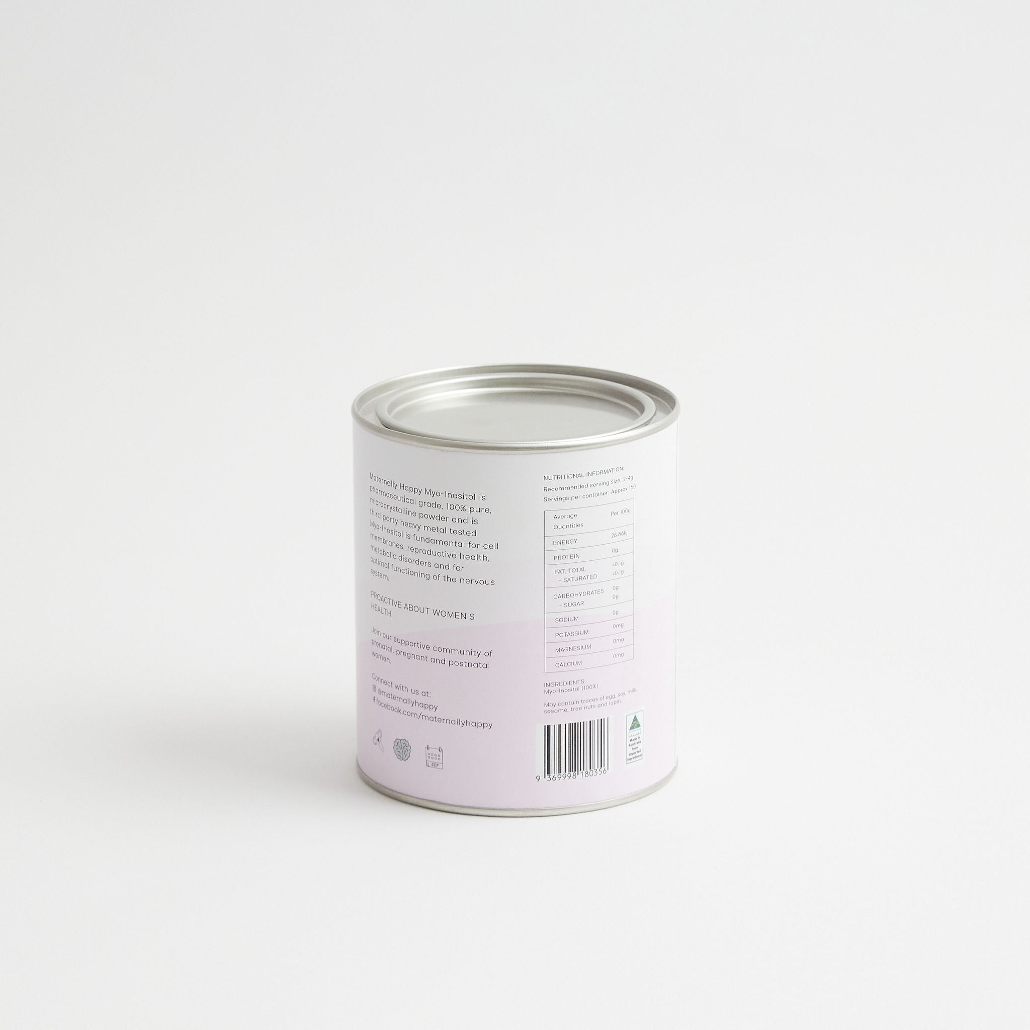 Back label of Maternally Happy Myo-Inositol Australia 300 g tin - dosage instructions and ingredients