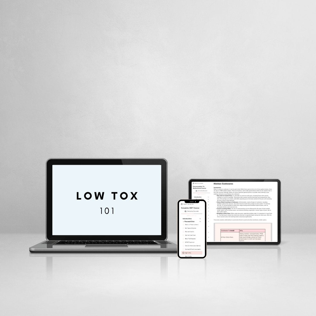 Low Tox 101 course displayed on laptop, tablet, and smartphone - online program teaching toxin awareness and safe product choices for pregnancy and postpartum