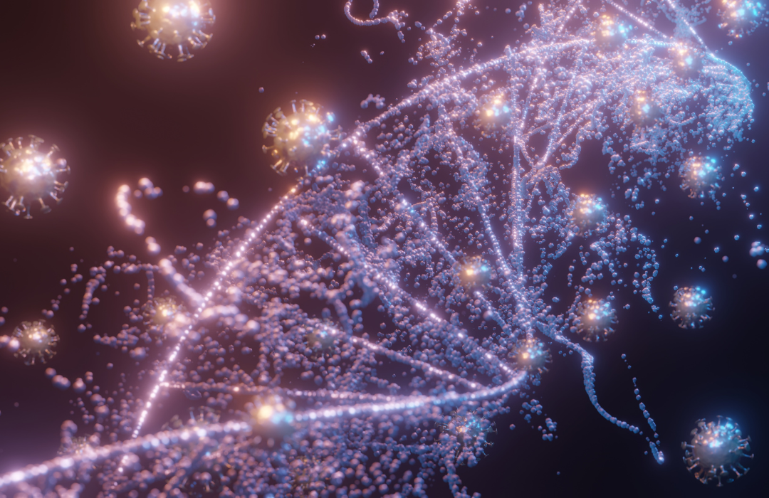 Abstract glowing DNA double helix strand with molecular particles, representing genetics and the MTHFR gene.