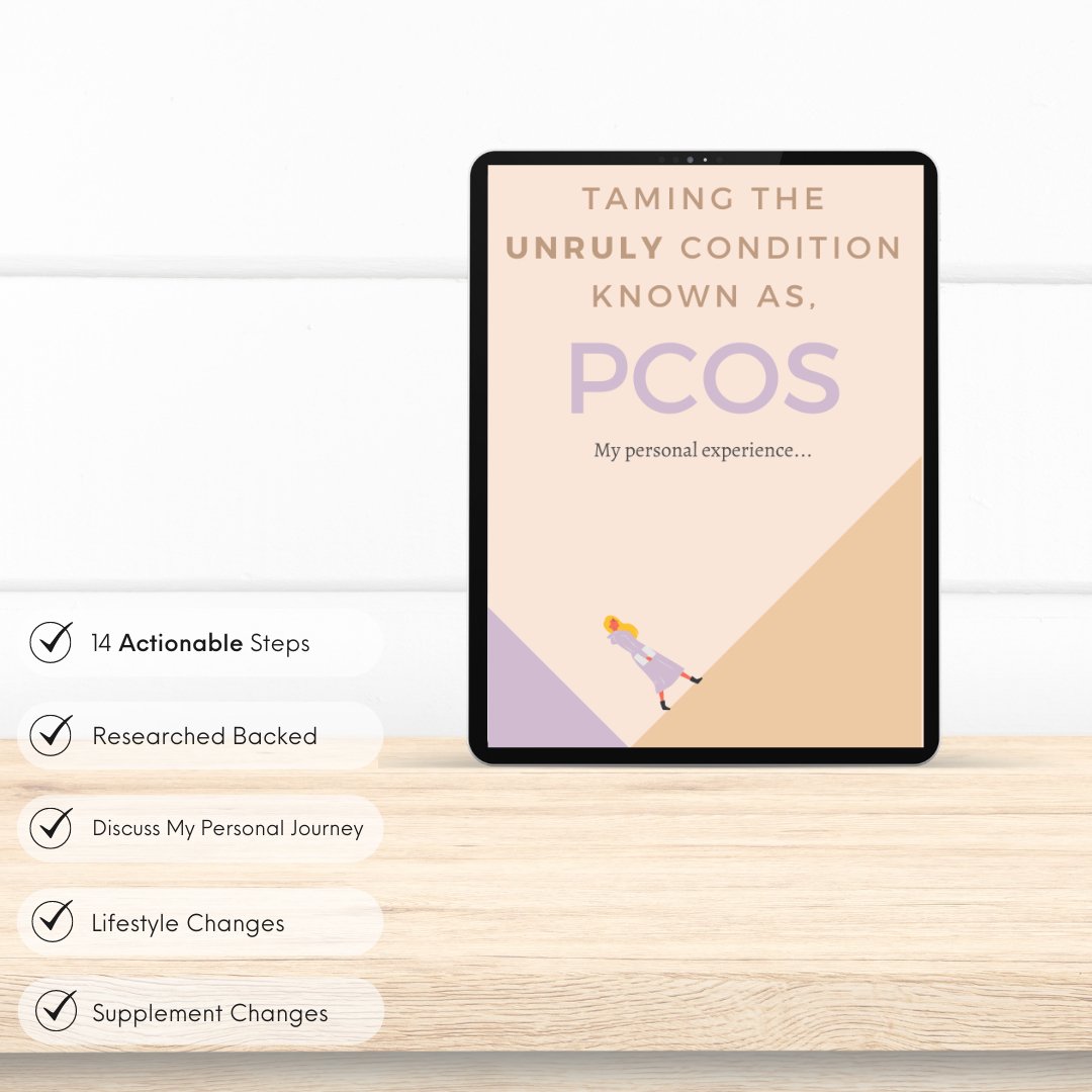 Digital tablet showing PCOS eBook cover with woman climbing incline. Highlights: 14 steps, research-backed, personal journey, lifestyle and supplement changes.