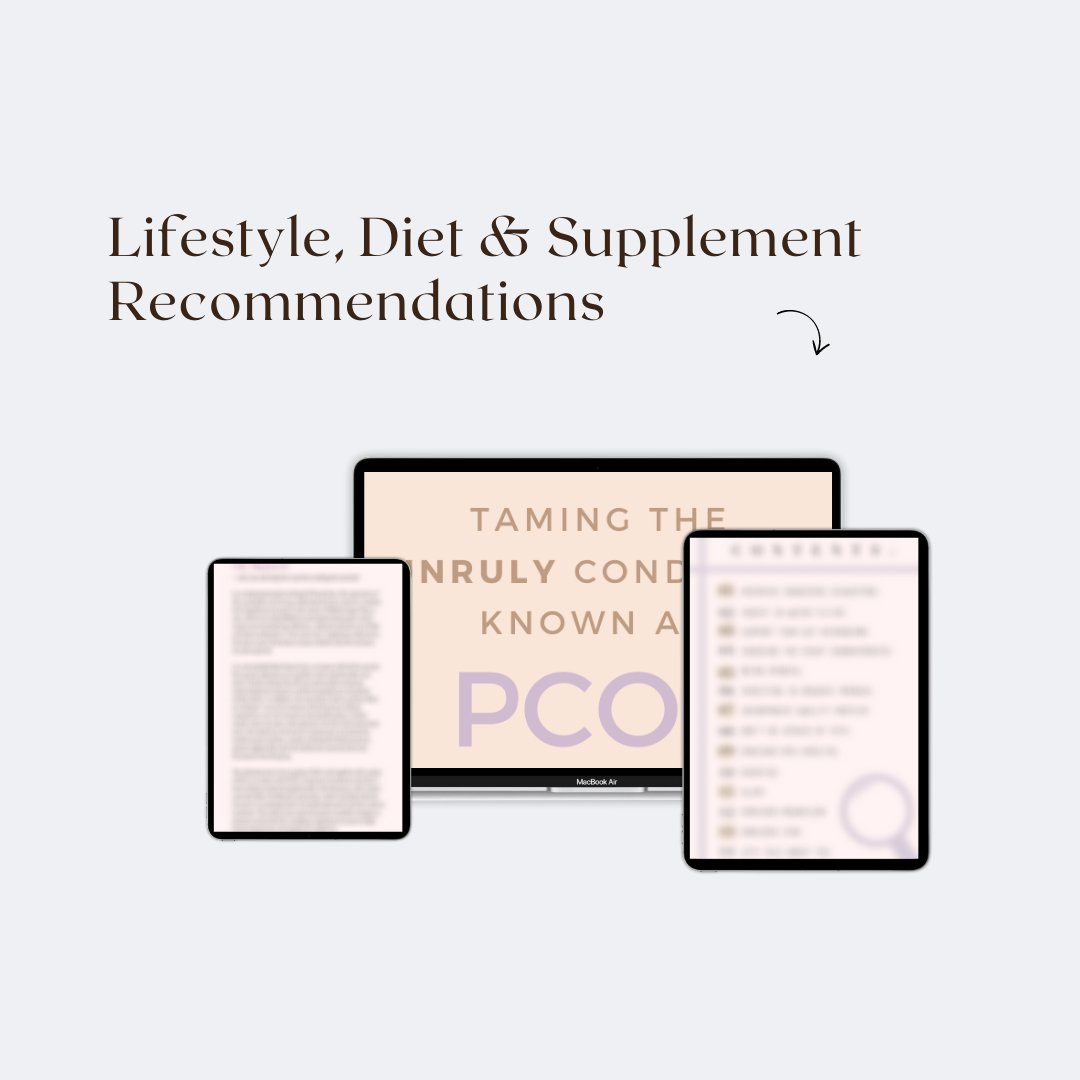 Three devices displaying PCOS eBook on lifestyle, diet, and supplement recommendations.